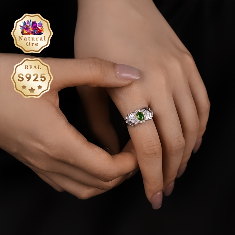 S925 Silver Green Translucent Gemstone Ring, Adjustable Design